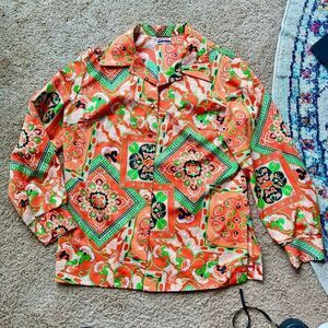 Retro Vintage Orange and Green Paisley Button-down 60s 70s